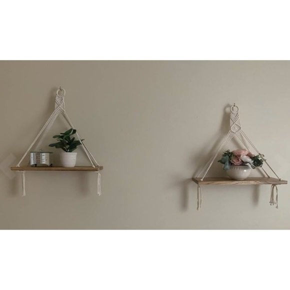 Macrame Hanging Shelves Boho Wall Decor Set of 2 Rustic Wood Floating Shelves - Picture 1 of 2
